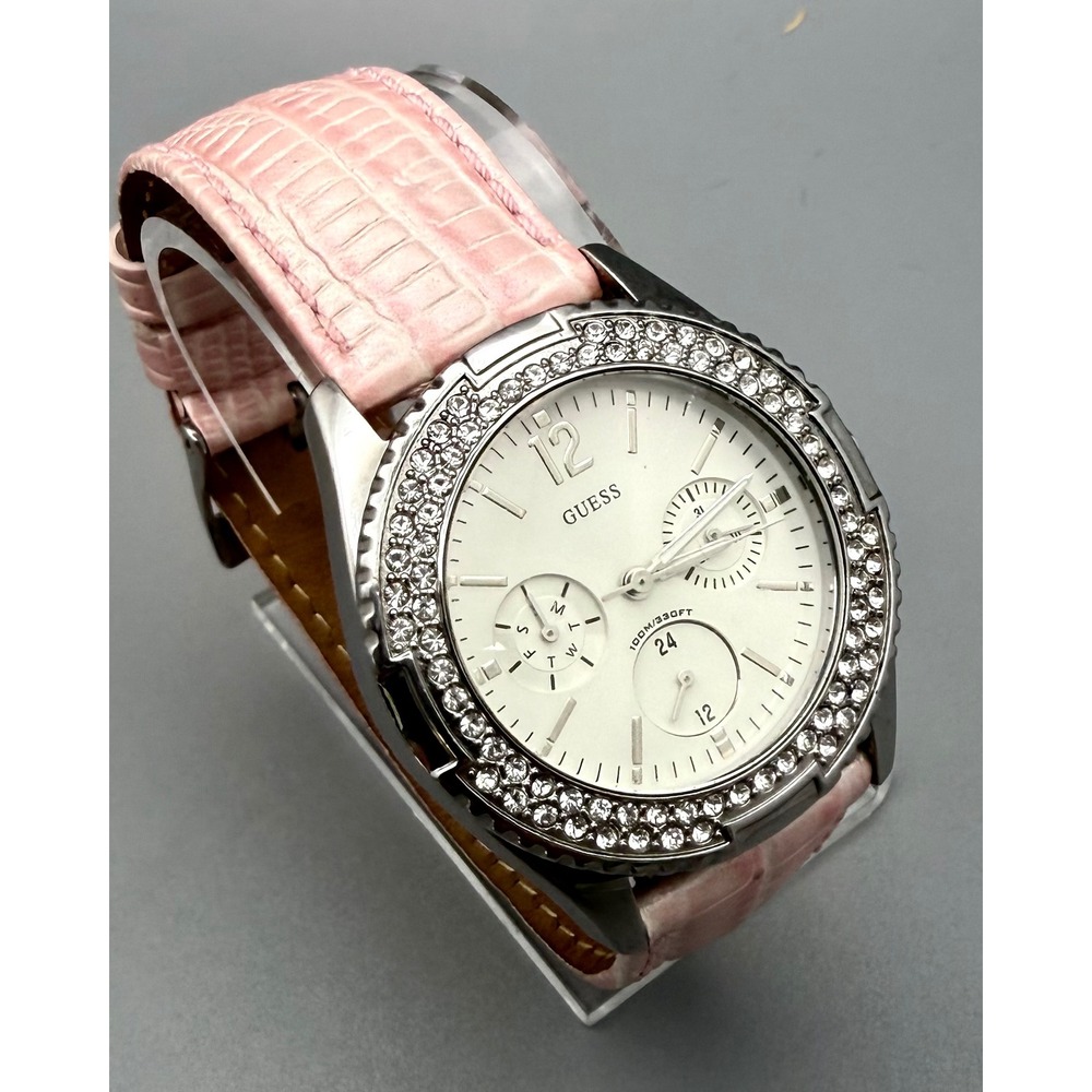 GUESS WaterPro Women's Rhinestone Watch Pink Leather Multifunction New Battery